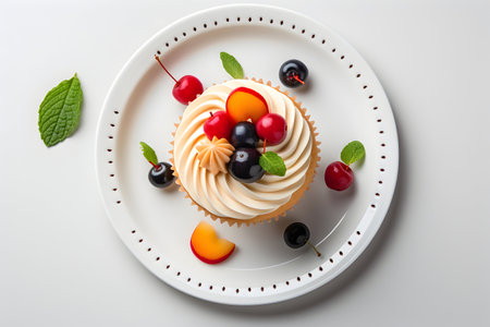 cupcake with white cream, berries on a white plate on a white background.の素材
