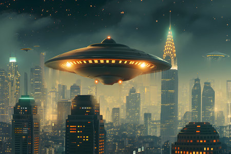 ufos with a with backlight at night over the metropolisの素材