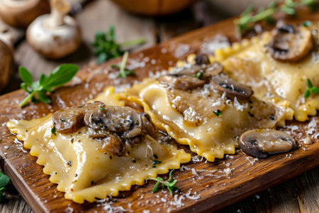 filled pasts ravioli with mushroom on a wooden desk. close up.の素材