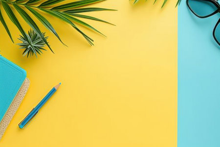 two-tone yellow and turquoise background.summer background, plants, buds, creativity, recreation. place for the text.の素材