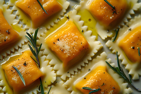 close up square ravioli with pumpkin on a dark background. Italian cuisine. view from above.の素材