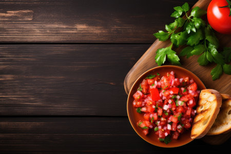 wooden background with bruschetta, tomatoes. Italia.empty space for text.の素材