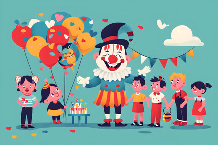 A clown entertaining a cheerful crowd of children.の素材