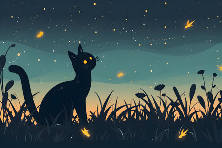 A Cat Is looking on Fireflies At Nightの素材