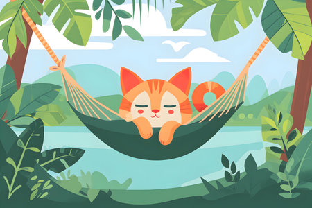 cat resting tranquilly on a hammock amidst tropical vegetation, surrounded by botanyの素材
