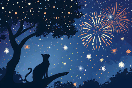 A cat on tree watching fireworks. holidays, frightened animalsの素材