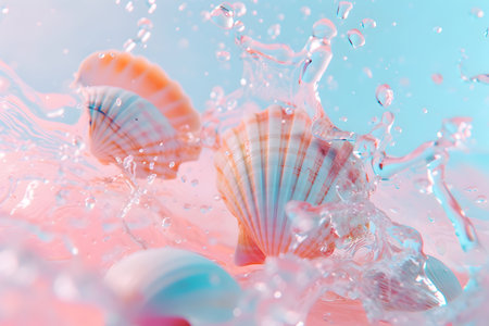 sea shells on pastel pink and blue background with splash and drops water.close up .の素材
