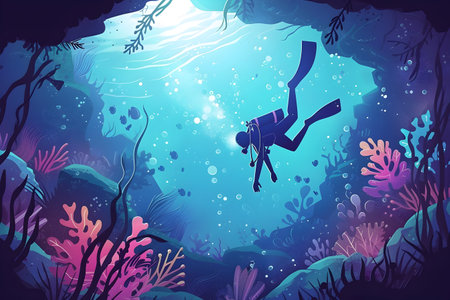 A scuba diver enjoys underwater recreation amidst electric blue corals in the azure water, exploring marine organisms in an entertaining aqua world.の素材