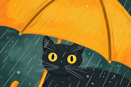 A black cat under a yellow umbrella in the rain. autumn concept.の素材