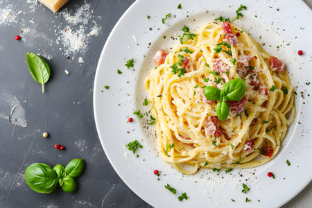 Spaghetti Carbonara on a black background. top view. concept Italian menu. place for text.の素材