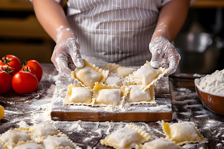 The person is preparing ravioli on a rustic wooden cutting board, using ingredients like plum tomatoes and other natural foods. It is a delicious dish being made in a traditional cooking styleの素材