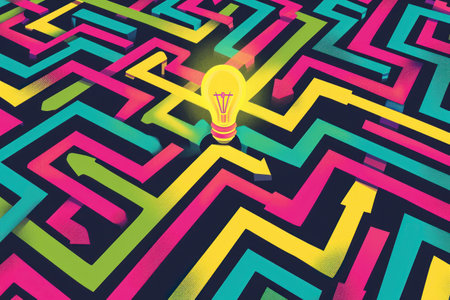 A purple light bulb is surrounded by a maze of vibrant colors. brainstorming concept. creativeの素材