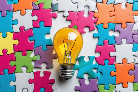 A light bulb is encircled by vibrant puzzle pieces. ideas, creative, brainstormingの素材