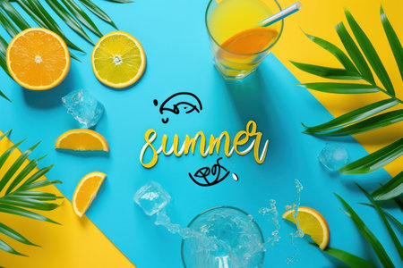 Aqua glass,juice,orange,Citrus. on blueyellow background with the text summer.の素材