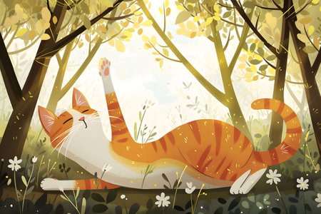 A happy orange and white cat is lounging on its back in a natural landscape surrounded by trees, grass, and sunlight filtering through the leavesの素材