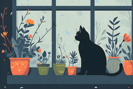 cat is perched on a window sill by houseplants in flowerpots.の素材