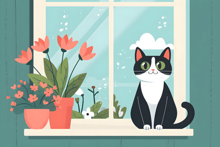 cat sitting by Flowerpot houseplant on window sill.の素材
