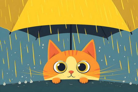 cat under the rain with yellow umbrella.の素材