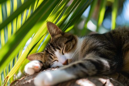 cat sleep on a palm tree on beach. summer time.の素材