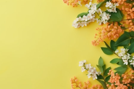 yellow background with flowers, place for text, spring is coming, mother's day, postcards for women.の素材