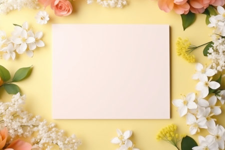 pastel yellow mock up space for text, frame flowers. background for postcards, greetings, springの素材