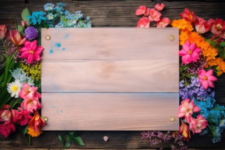 A rectangular wooden sign adorned with vibrant flowers in shades of pink, magenta, and green, creatively arranged on a wooden table. A beautiful display of flower arranging artの素材