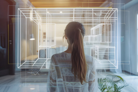 Woman imagine and planning your living space.の素材