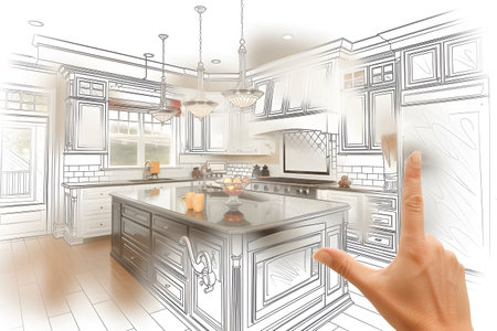 hand with layout and scheme of the interior design of the room.の素材