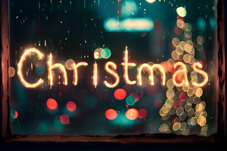 window scene with Christmas illuminated by bright lights, perfect for holiday decor and ambianceの素材