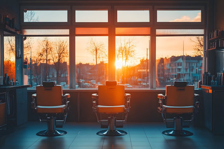 As the sun sets, warm light fills the barbershop, illuminating the elegant chairs and creating a peaceful atmosphere.の素材
