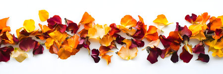 Vibrant red, orange, and yellow flower petals spread elegantly on a white surface.の素材