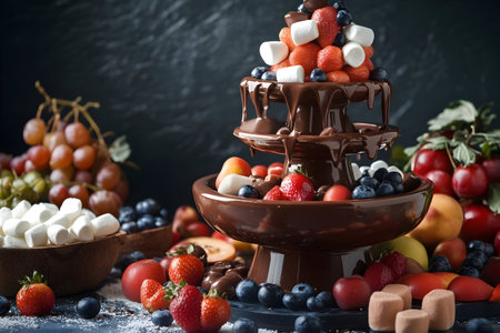 A rich chocolate fountain flows beautifully, inviting fresh fruits and marshmallows to indulge.の素材