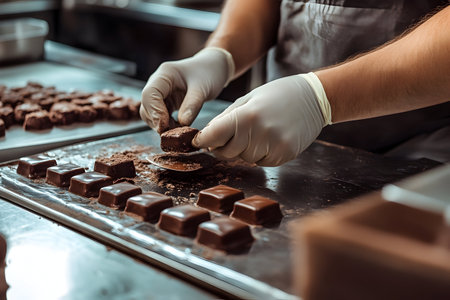 Skilled hands delicately mold rich chocolate pieces amidst the hustle of a confectionery studio.の素材
