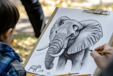 A child diligently sketches an elephant, surrounded by autumn leaves and vibrant colors.の素材