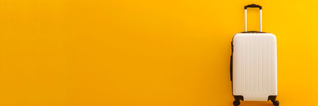 The white suitcase awaits adventure besides a cheerful yellow backdrop, ready for travel.の素材