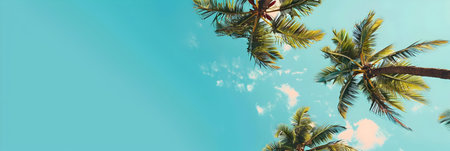 Towering palms upward reach, basking in the warmth of a radiant sunlit sky.の素材