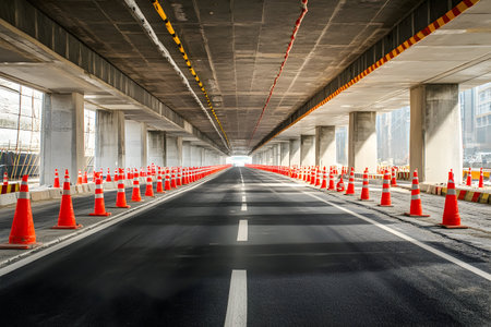 A tranquil moment captures a roadway lined with bright cones beneath a towering overpassの素材