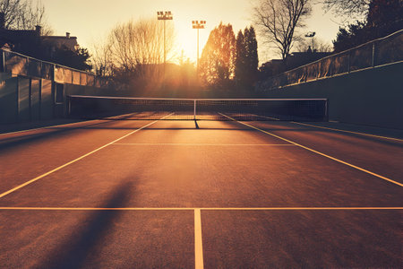 The tennis court glows in golden light at sunset, creating a serene atmosphere for play.の素材