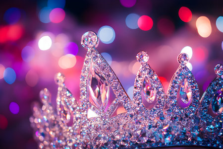 A stunning crown sparkles with jewels against vibrant lights at a festive event.の素材