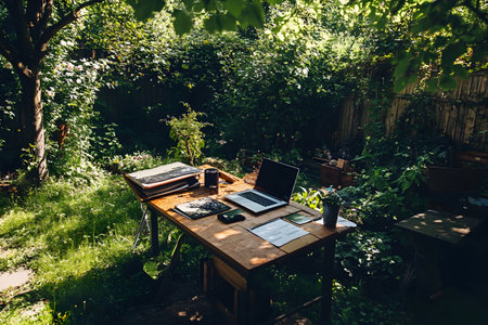 A wooden desk surrounded by vibrant greenery provides an ideal workspace for creativity.の素材