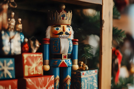 A beautifully painted nutcracker decorates a festive display with cheerful gifts around it.の素材