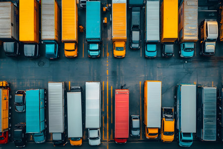 A vibrant freight yard features a mix of trucks and cars, showing urban logistics in action.の素材