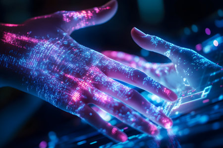 Two hands extend with glowing digital patterns, symbolizing connection and technology.の素材