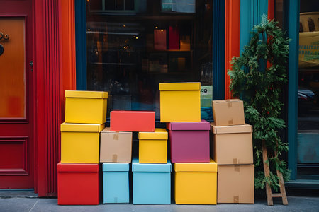 Brightly colored boxes are arranged in an inviting display outside a cheerful shop.の素材