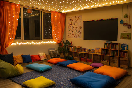 Soft cushions and glowing lights invite kids to explore books in a colorful and cozy corner.の素材