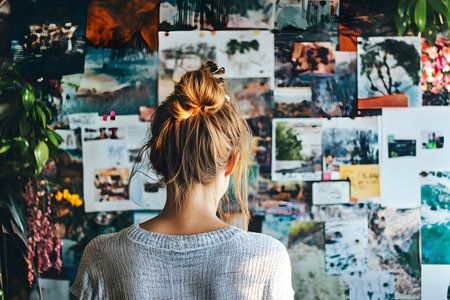 A woman stands surrounded by a collage of vintage images, sparkling her creativity and thoughts.の素材