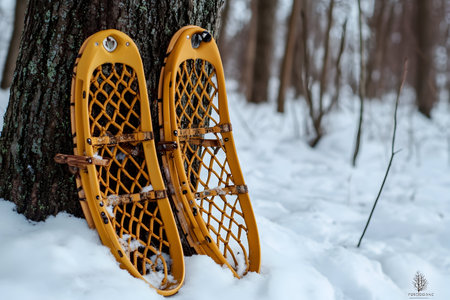 Bright yellow snowshoes lean against a tree in a peaceful snowy landscape, inviting adventure.の素材