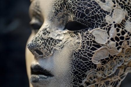 A close-up shows delicate lace on a mannequin, captivating viewers with its mystery.の素材