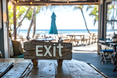 A charming exit sign sits on a rustic table, inviting guests to enjoy the stunning beach beyond.の素材