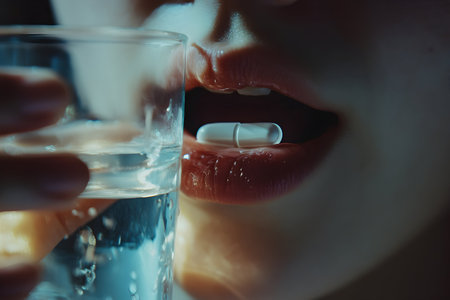 A person is ready to take medication, holding a glass of water in a calming setting.の素材